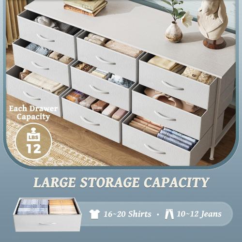 Color grey Huuger 9 Drawer Dresser, 47 Inch TV Stand for 50, 55 Inch TV, Entertainment Center with Drawers, Fabric Dresser Chest of Drawer for Bedroom, Closet, PU Leather Surface, White