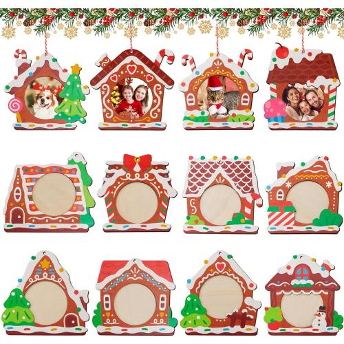 24PCS Christmas Picture Frame Ornaments, 12 Styles Wooden Gingerbread House Photo Frame Ornaments with Strings, Printed Hanging Ornaments for Christmas Tree, Party Decor