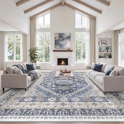 zesthome 12x15 Area Rugs, Large Washable Rug, Ultra-Thin Stain Resistant Rugs for Living Room, Bedroom, Non-Slip Backing Home Decor Area Rug (Blue/Beige,12'x15')