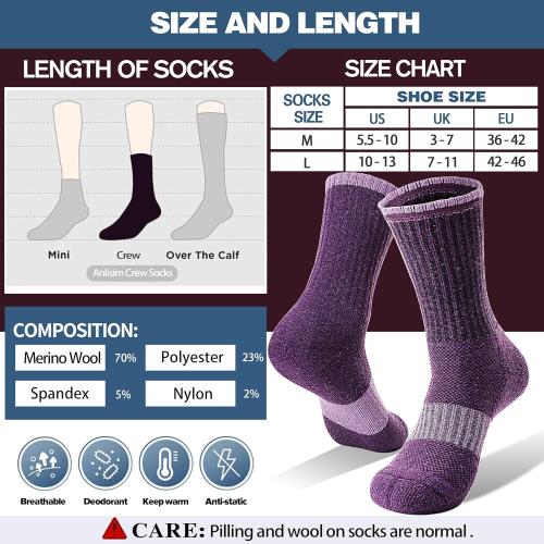 Anlisim Merino Wool Hiking Socks for Women Thermal Winter Warm Boot Work Cushion Socks 5 Pairs