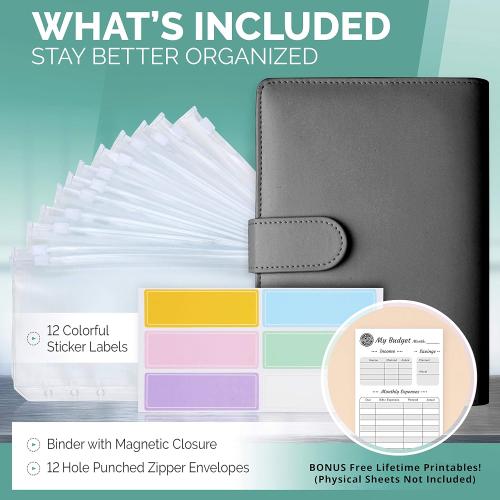 Black A6 Binder & 12 Clear Envelopes, Budget with Cash Envelopes, Mini Cash Envelope Wallet, Small Budget Planner, Envelope Binder for Organizing Personal Budgeting Efforts