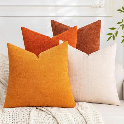 Set of 4 Soft Textured Decorative Throw Pillow Covers 18x18 Inch Cozy Farmhouse Cushion Cover Square Accent Pillow Cases for Bed Couch Sofa Living Room, Beige Rust Orange