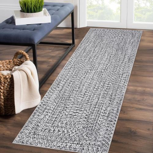 Runner Rug Print Braided Hallway Runner Rug Washable Entryway Rug, Stain Resistant Non-Slip Area Rug Farmhouse Solid Printed Textured Carpet for Bedroom Laundry Kitchen, Grey, 2' x 6'