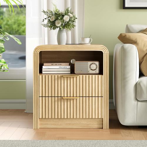 Size 19.7 Color brown Fluted Nightstand with Charging Station, 19.7'' Wide Morden End Table with USB/Type-C Ports, 2 Drawers & Open Shelf, Curved Profile Design, Wood Bedside Table for Bedroom (Natural Oak)