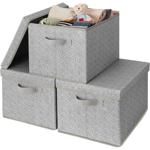 GRANNY SAYS Fabric Boxes with Lids, Storage Bins with Handles, Shelf Bins for Organizing, Extra Large Storage Boxes for Linens Clothes, Decorative Storage Containers, Gray, 3-Pack