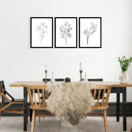 Framed canvas black and white floral wall art three-piece set, decorative painting, simple plant poster, line drawing, flower print, painting decoration suitable for living room and bedroom 16x24 inches.