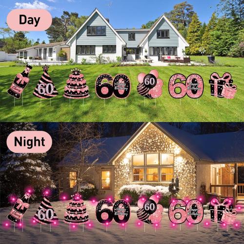 60th Birthday Decorations for Women - 7 Pcs Black & Pink 60th Birthday Yard Signs, 2 Pcs LED Lights, Sparkling at Night, Weatherproof, Perfect Happy Birthday Lawn Decorations for Women