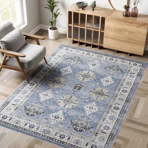 Dripex Vintage Washable Area Rug - 5x8 Distressed Rugs for Living Room Bedroom Oriental Medallion Floral Print Carpet Low-Pile Indoor Soft Non-Slip Accent Rug Farmhouse Office Home Decor
