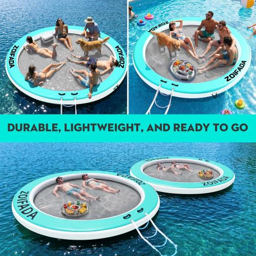 Inflatable Water Hammock Round Floating Ring,8/10/12FT Heavy Duty Pool Float for Adults,Inflatable Tanning Pool Float Island Dock for Lake/River/Ocean,w/Cup Holder,10FT&12FT Include 4-Step Soft Ladder