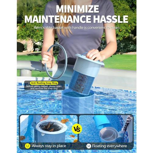 BluSwim Above Ground Pool Skimmer with Solar Digital Thermometer | Wall Mount Surface Skimmer - Auto Skimming Pool Floating Debris | 2 Upgraded Bracket - Stable&Height Adjustable-Steel Blue
