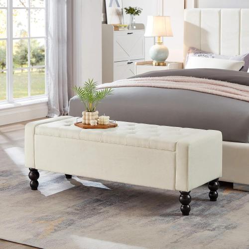 50 W Storage Ottoman Bench with Safety Hinge, Load up to 660 lb Ottoman with Storage, Upholstered Tufted Entryway Bench with Seating for Living Room, Bedroom, Entryway, Beige