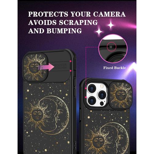 (2in1 for iPhone 14 Pro Max Case Sun and Moon Stars for Women Cute Space Phone Cover with Slide Camera Cover Protective Fashion Golden Print Design Black Cases for 14 ProMax 6.7''