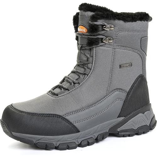 Size 9.5 Color Grey Men's Snow Boots Waterproof Warm Fur Lined Winter Hiking Boot Non-slip Outdoor Ankle High-top Shoes Work Hiker Trekking Trail