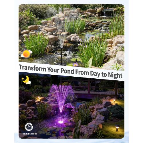 POPOSOAP Pond Fountain Pump Kit with RGB Lights & Remote Control, 660GPH Quiet Submersible Water Pump, Pond Pump with 3 Nozzles for Garden Koi Ponds, Fish Tank,Backyard Water Features Decor-P1104D