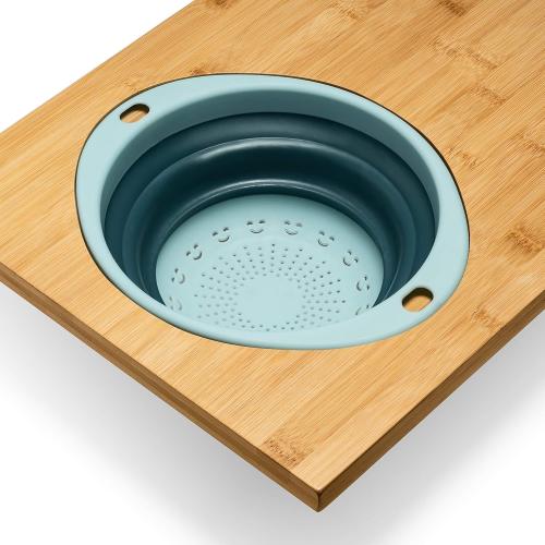 Homevative Over the Sink Bamboo Cutting Board with Collapsible/Removable Strainer and Phone Slots