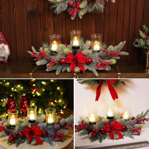Red Christmas Table Centerpiece,Christmas Decoration Cedar with 3 Candlestick Glass Cup, Red Berry, Balls for Holiday Party, Home, Fireplace