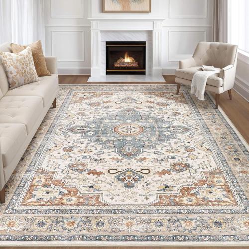 9x12 Area Rug Living Room: Washable Boho Large Neutral Vintage Soft Rugs Stain Resistant Distressed Farmhouse Non-Slip Indoor Floor Carpet for Bedroom Nursery Kids Office Dining Room- Beige Blue