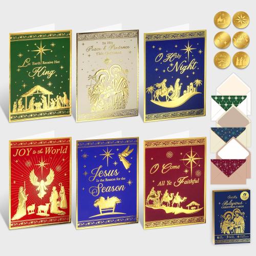 Decorably 18 Pack Gold Foil Embossed 5x7in Religious Christmas Cards with Envelopes & Stickers, 6 Elegant Holiday Designs Seasons Greetings for Friends & Loved Ones, Printed Message, Gifting, Mailing