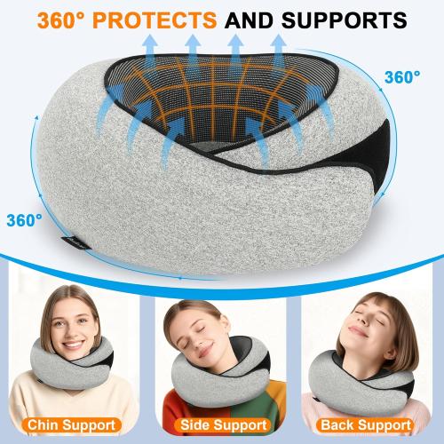 burfocus Advanced Neck Travel Pillow | 100% Pure Memory Foam, Designed for The Comfort of Travel & Office, Travel Pillow for Plane, Car, Home, Work, Dark Grey