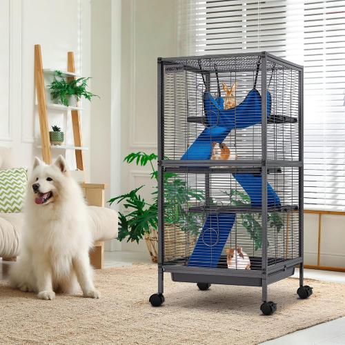 HABUTWAY 45''H Metal Small Animal Cages, Rolling Chinchilla Cage with Removable Ramps, Lagre Cage for Chinchillas/Guinea Pigs/Rabbit, Ferret Cages with Hammock & 4 Tiers, Black