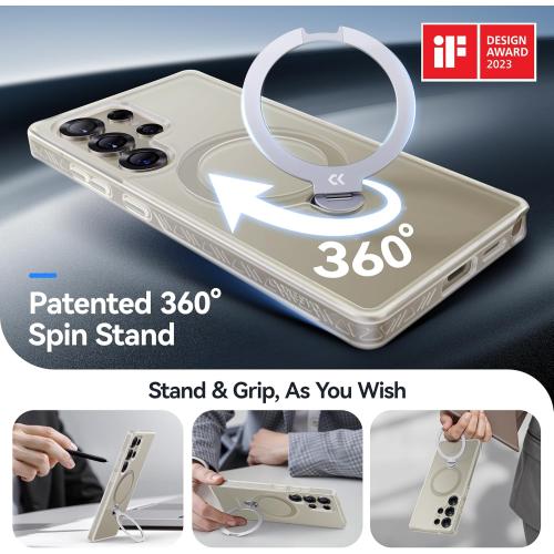 CASEKOO Patented 360° Spin Magnetic Stand for Samsung Galaxy S25 Ultra Case [18FT Military Drop Protection] [Compatible with MagSafe] Translucent Slim S25 Ultra Case 6.9'' 2025, Translucent White