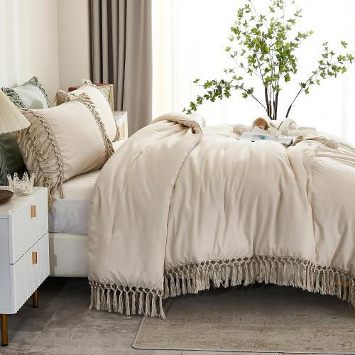 Comforter Queen Size Set Beige, 3 Pieces Tassel Boho Lightweight Winter Bedding Comforters & Sets, All Season Bed Set (90x90In Comforter & 2 Pillowcases)