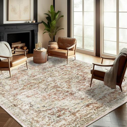 CHAMPLANT Washable Area Rug 9'x12' Retro Boho Design Non-Shedding Easy Care Ideal for High Traffic Areas in Living Room Bedroom Office Coffee Table Kitchen Large Carpet