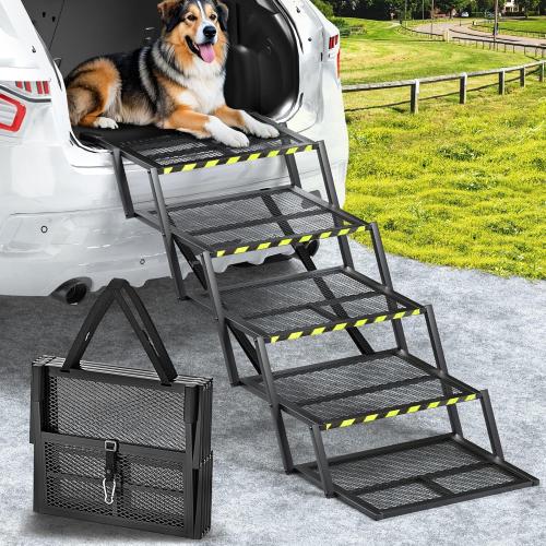 Color Black Pawaboo Extra Wide Dog Stairs for Car, Foldable Dog Ramps for Car with Non Slip Surface & Reflective Tape, Heavy Duty Dogs Steps for Cars, SUV, Truck, 300lbs Capacity, 14-35 Adjustable Height