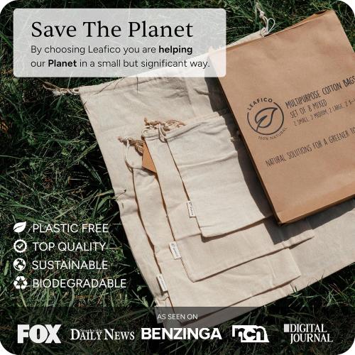 LEAFICO Cotton Storage Bags – X-Large 14x17 Inch (5-Pack) – Reusable Muslin Bags with Drawstrings – Biodegradable Canvas Fabric Sacks – Perfect for Bread, Bulk Produce, Potatoes, Onions, Shoes
