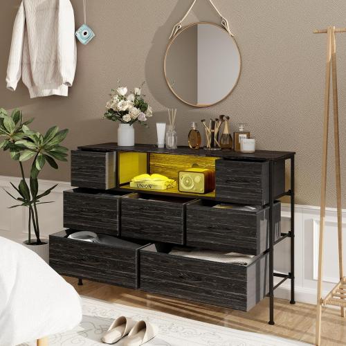Charcoal black Wide Dresser with Charging Station and LED Light for Bedroom 8 Fabric Drawers Chest of Drawers with Power Outlet Storage Open Shelf for Living Room TV Stand Closet Hallway (Charcoal Black)