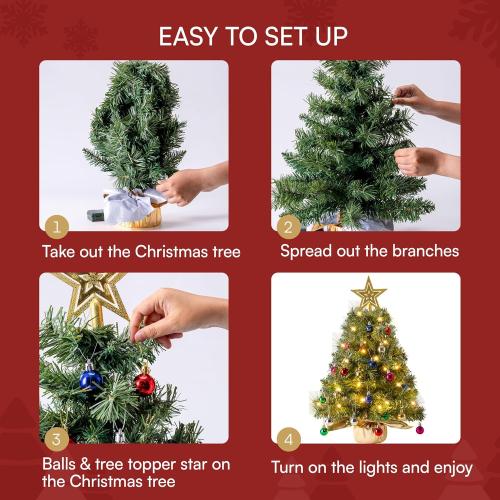 JOIEDOMI 24/2FT Small Tabletop Christmas Tree with Lights with Star Treetop and Hanging Ornaments, Pre-lit Artificial Christmas Green LED Mini Tabletop Tree for Xmas Decorations Indoor Outdoor