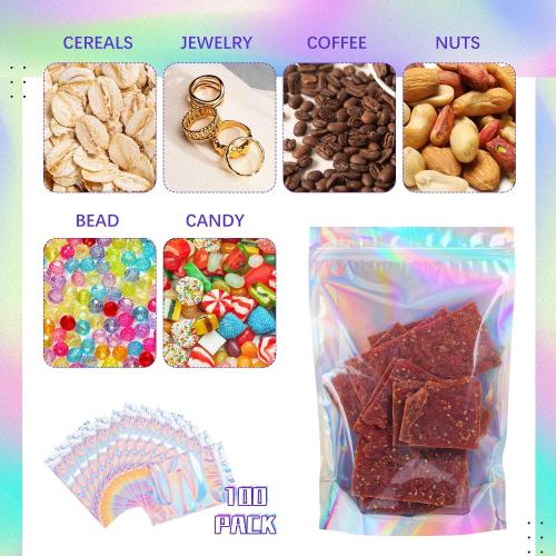 NPLUX 50 Pack Holographic Mylar Bags with Window, 6x9 in Stand Up Pouches
