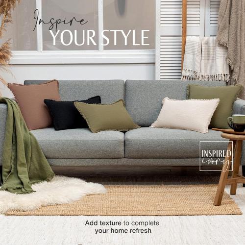 INSPIRED IVORY Lumbar Pillow Cover - Modern Farmhouse Beige Throw Pillow Cover with Fringe - Decorative Pillow Covers for Couch Sofa, Bed, Living Room Accent Boho Throw Pillow Covers 12x20 Inch