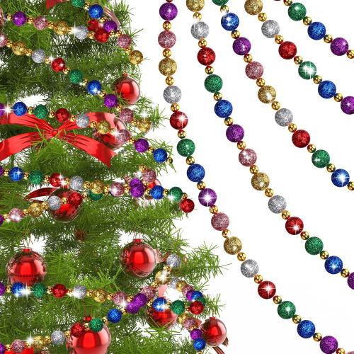 17ft Christmas Tree Beads Garland - Glitter Ball Colorful Red Green Gold Beads for Xmas Decor - Holiday Hanging Decorations for Home Mantel