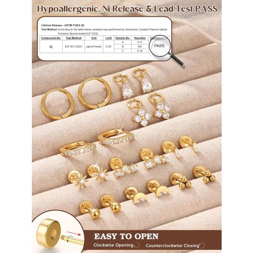 THUNARAZ 10Pairs Hypoallergenic Flat Back Earrings for Women, 14K Gold Plated Hoop Stud Earrings Set for Sensitive Ears Helix Tragus Cartilage Conch Earring for Multiple Piercings with Pendant
