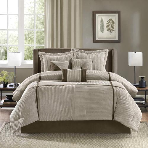 Queen Madison Park Cozy Comforter Set Casual Blocks Design All Season, Matching Bed Skirt, Decorative Pillows, Dallas Corduroy, Taupe Brown, 7 Piece