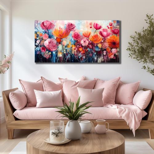 ENTANUB Flower Wall Art for Living Room, Pink Canvas Print Painting for Bedroom, Floral Picture Artwork, Large Size 48x24 Inches
