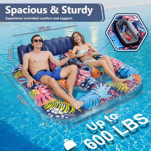 2-Person Inflatable Pool Floats Adult Heavy Duty, 71 x 61 Pool Lounger Float with Cup Holders & Backrest & Removable Insulated Cooler, Thickened Swimming Raft for Pool Party, Lake, Beach, River