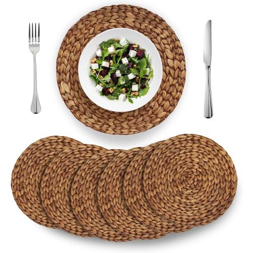 Brown Woven Placemats Round Set of 10 Natural Water Hyacinth Weave Placemat for Dining Table