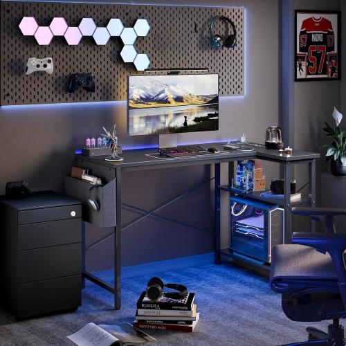 TIQLAB Gaming Desk with Power Outlets - 40 inch L Shaped Computer Desk, Reversible Design Small Corner Desk, Bookshelf Workstation for Work Study Play Home Office, Black