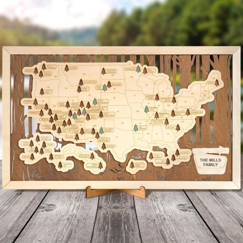 HYPERI US National Parks Map Travel Map, National Park Tracker Checklist, Natural Wall Art, Traveler Gifts for Mom, Dad, Coworker, (National Park Map - Wooden Box)