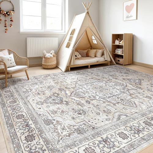 Area Rug Living Room: Washable Boho Large Neutral Vintage Soft Rugs Stain Resistant Farmhouse Non Slip Indoor Floor Carpet for Bedroom Nursery Kids Playroom Office Dining Room Home- Ivory Gray
