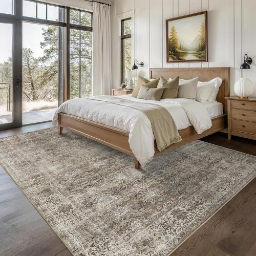 LARGE Washable Area Rug Grey Brown Vintage Rug for Living Room Bedroom Low Pile Soft Non-Slip Boho Rug for Under Table Boho Distressed Retro Carpet for Bedroom Kitchen Office Dining