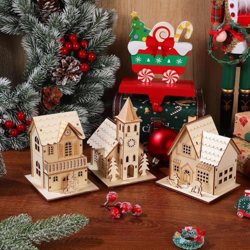 3 Pcs Christmas Village Houses: Led Light Wooden House with Battery, Unfinished Rustic Holiday Village Decor - Perfect for Christmas Table Centerpieces, Xmas Party Decorations,DIY Crafts
