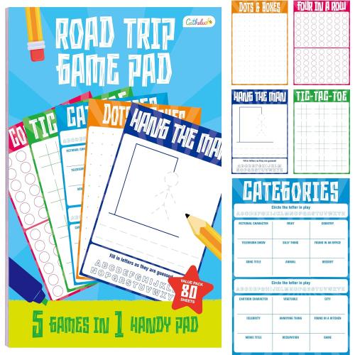 Road Trip Game Pad, 80 Perforated Sheets Travel Activity Pad, 5 Games in 1 Pad, Plane, Car Trip Activity, Pen Pencil & Paper Game for Kids, Adults (6” x 9”)