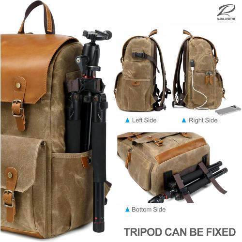 Padwa Lifestyle Khaki Camera Backpack - Waxed Memory Canvas Camera Bag, Multi DSLR SLR Large Camera Backpacks for Photographers with 16” Laptop & Lens Compartment and Tripod Holder & Weather Resistant