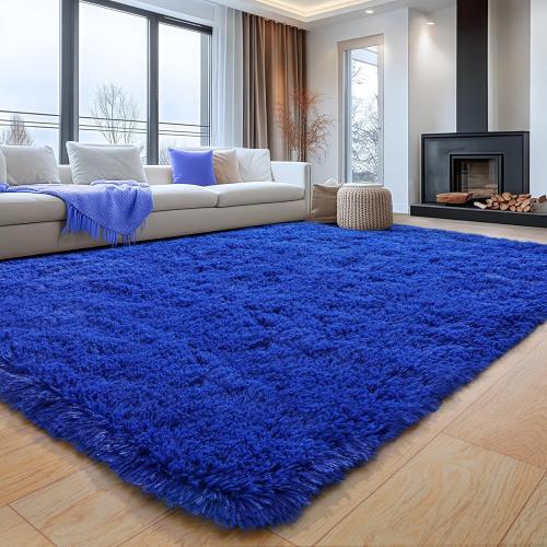 Blue Fluffy Area Rug for Bedroom, 4x5.9 Feet Shag Rugs for Living Room, Kids Rooms Boys Room Nursery, Soft and Comfy, Fuzzy Carpet Teen Dorm Home Decor Aesthetic, Upgrade Non Slip