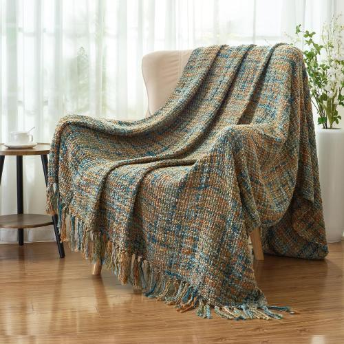 Multi-Color Gold Green Cable Woven Throw Blanket for Couch,50X60 Boho Style Textured Blankets for Home Decor,Super Soft Warm Cozy Chunky Blanket with Decorative Tassels for Bed