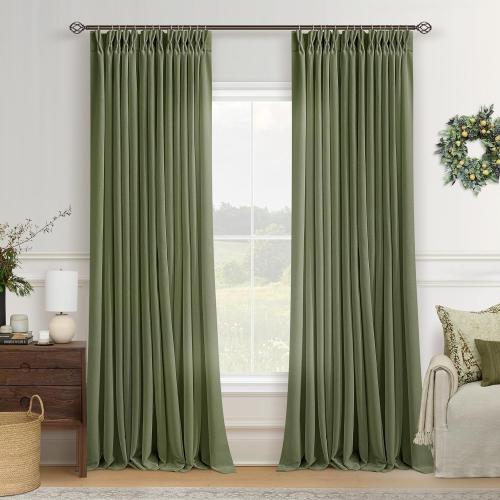 90 Inch Pleated Linen Olive Green Curtains for Living Room 2 Panels Semi Sheer Light Filtering Pinch Pleat Hooks Rings Back Tab Drapes Moss Green Farmhouse Boho Curtains 90 Inches Long Bedroom Window
