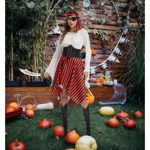Size S-M 6 Pcs Womens Pirate Costume Renaissance Shirt Dress with Head Scarf Waist Belt Medieval Costume Accessory Sets